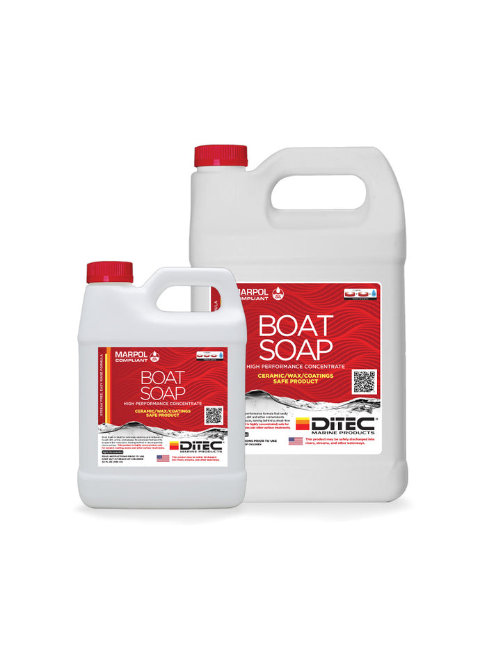 Gallon and 32 ounce bottles of DiTEC Boat Soap, an eco-friendly and readily biodegradable boat soap