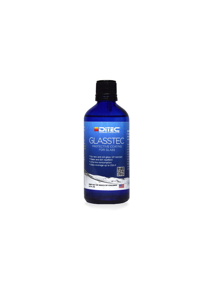 Bottle of GLASSTEC protective marine glass coating from DiTEC, providing hydrophobic protection for up to a year.