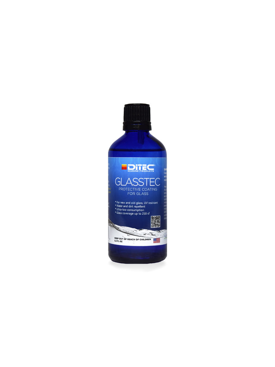 Bottle of GLASSTEC protective marine glass coating from DiTEC, providing hydrophobic protection for up to a year.