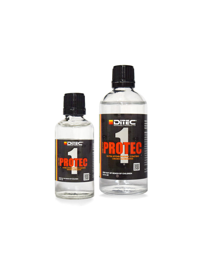 Two bottles of PROTEC 1, an alternative to ceramic coating for boats that flexes with your boat's surfaces and can last up to a year.