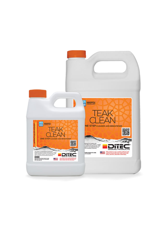 Gallon and 32 ounce bottles of Teak Clean from DiTEC, a biodegradable and eco friendly marine teak cleaner and brightener