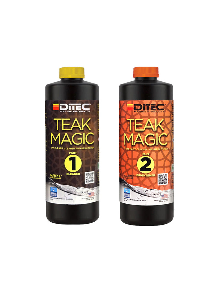 Two 32 oz. bottles of DiTEC Marine Products Teak Magic two-part eco friendly teak cleaning & brightening system.