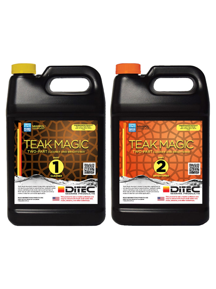 Two gallon bottles of DiTEC Marine Products Teak Magic two-part eco friendly teak cleaning & brightening system.
