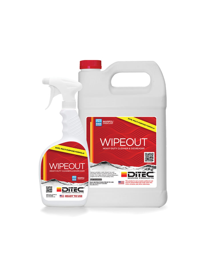 Gallon and 32 oz red and white bottles of DiTEC's Wipeout all purpose cleaning solution for cleaning vinyl boat seats and more.