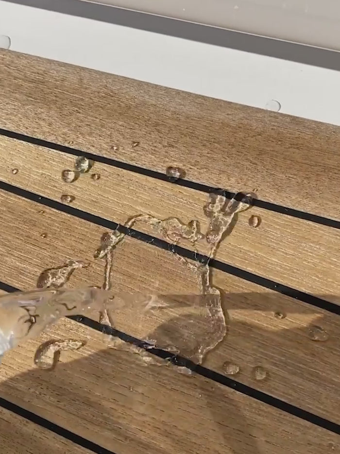 Video showcasing Triton teak sealer from DiTEC and its hydrophobic properties on teak boat deck