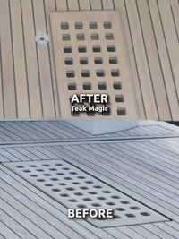 Before and after using eco friendly and biodegradable Teak Magic teak cleaner from DiTEC.