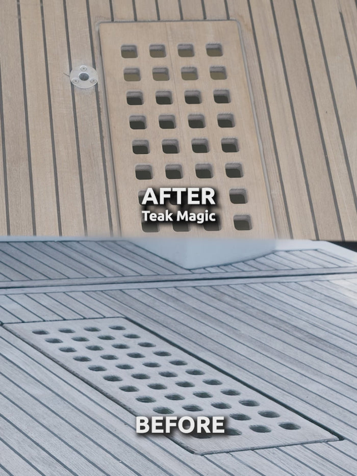 Before and after using eco friendly and biodegradable Teak Magic teak cleaner from DiTEC.