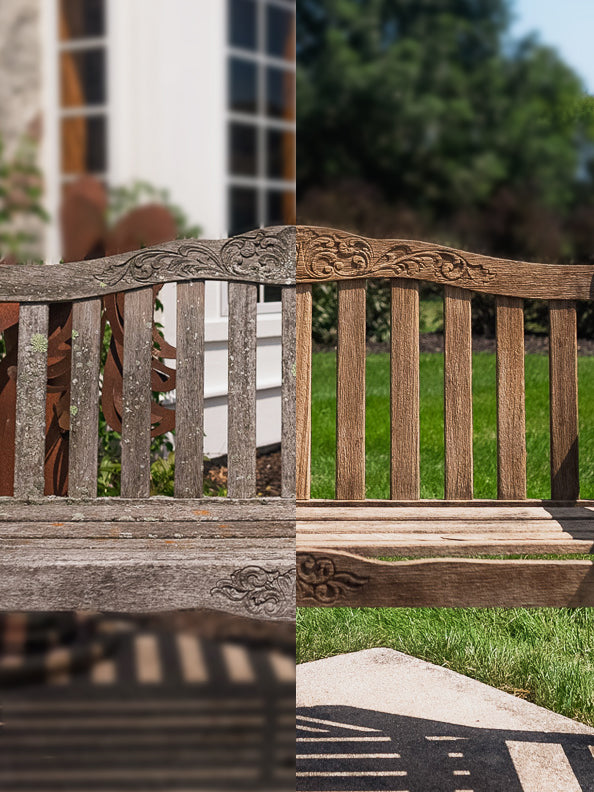 Before and after of an outdoor teak bench, restored from DiTEC's teak restoration kit's Teak Magic, a teak cleaning and brightening product.