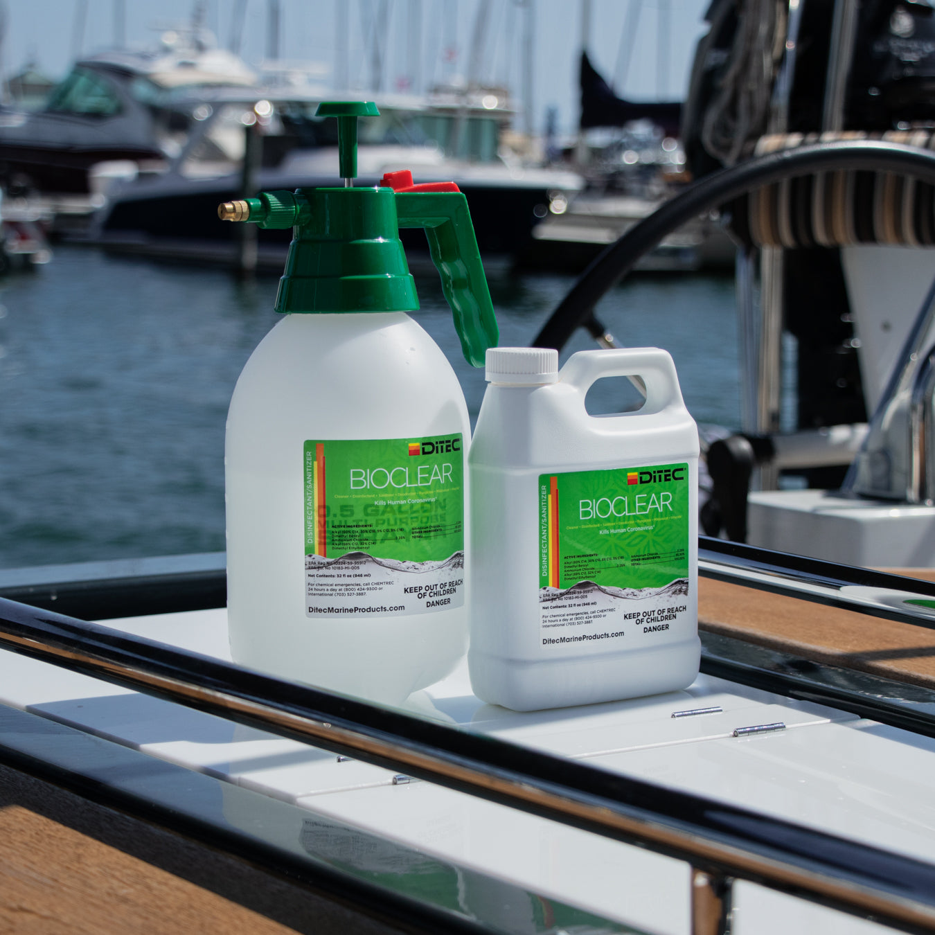 Spray bottle and gallon of bioclear boat disinfectant