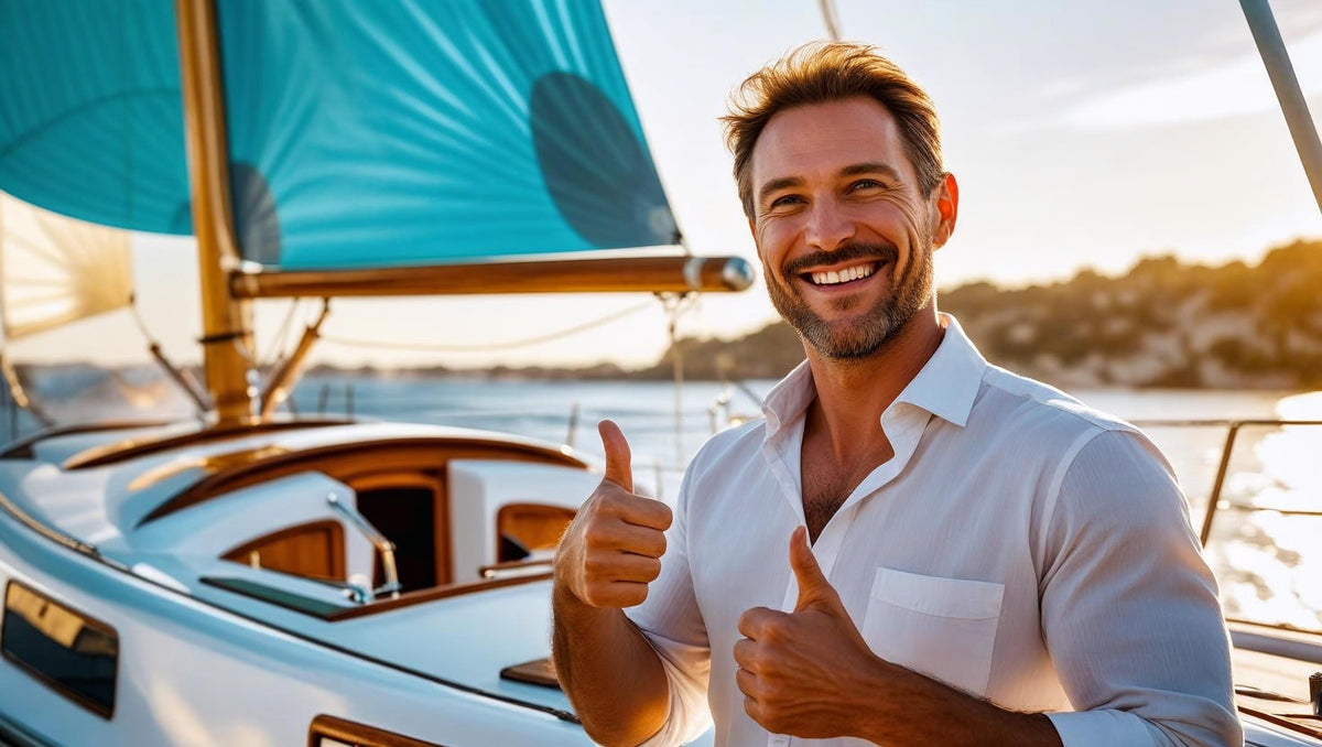 Man giving thumbs up in front of sailboat
