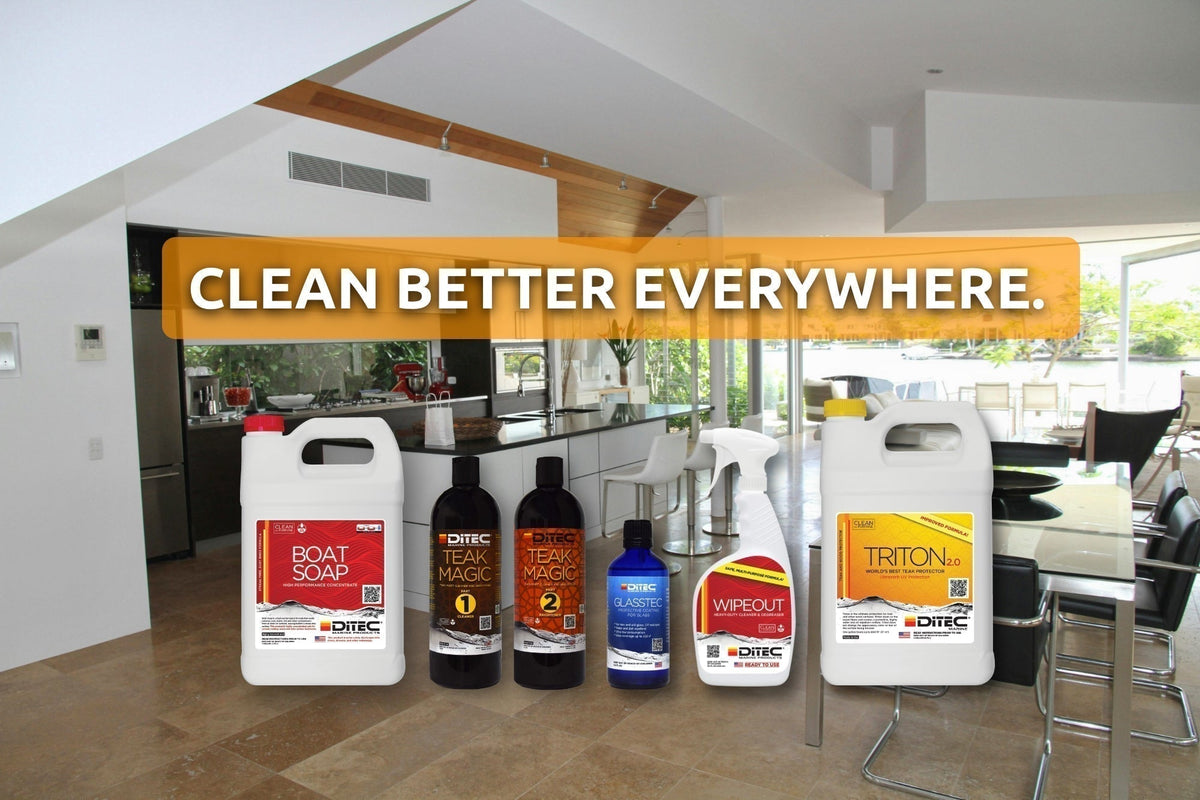 DiTEC's line of cleaning and protection products over a kitchen