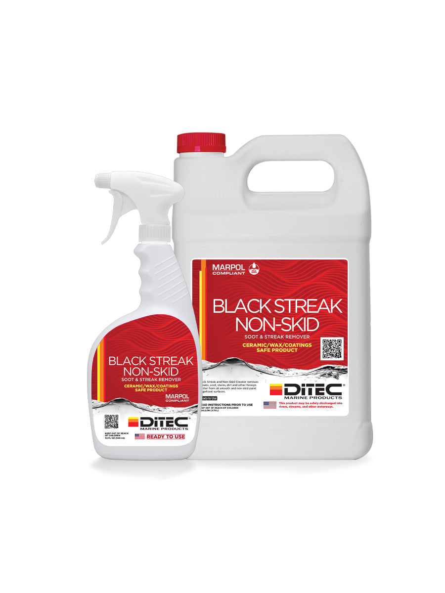Black Streak and Non-Skid Cleaner from DiTEC removes tough streaks and stains from boat hulls and non-skid decks.