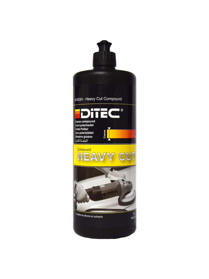 Bottle of DiTEC's heavy cut polishing compound, removes P1500 sanding marks and scratches from fresh, cured, and scratch-resistant paint surfaces