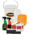 Boat cleaning kit with 5 gallon bucket, Quick Coating detailing spray, Crystal Clear glass cleaner, Wipeout all-purpose boat interior cleaner, and 2 bottles of Boat Soap with microfiber towels and a wash mitt