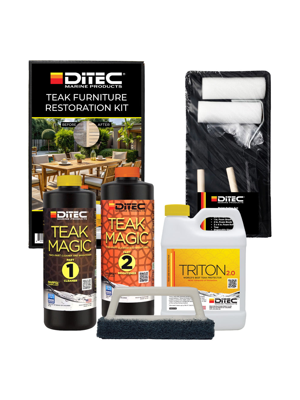 DiTEC Teak Furniture Restoration Kit with Teak Magic cleaner and brightener, Triton 2.0 teak protectant, scrubbing pad, and foam brushes for cleaning and sealing outdoor teak furniture.