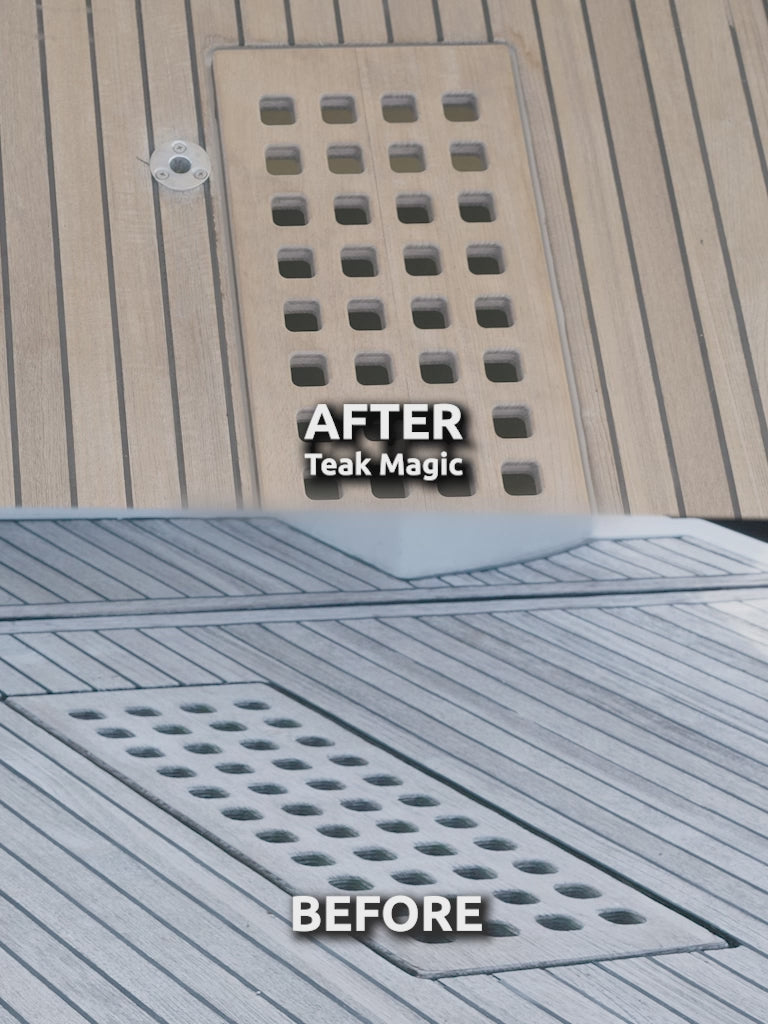 Before and after using Teak Magic two part gel teak cleaning and brightening products from ditec on yacht decks.