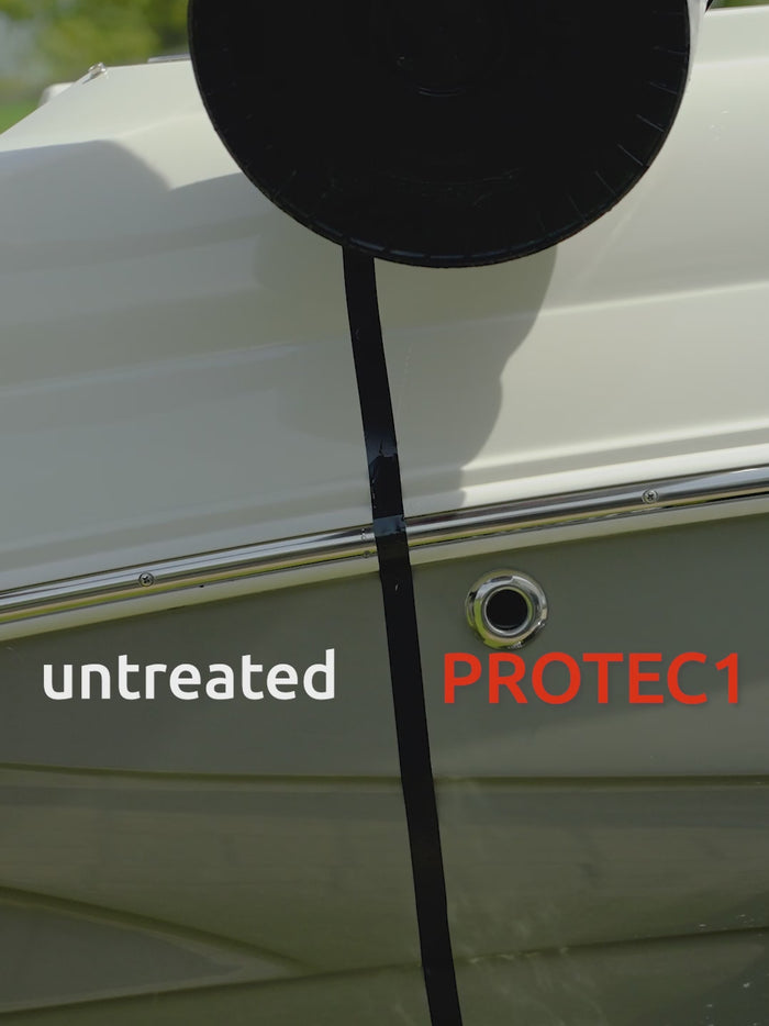PROTEC 1 ceramic alternative, ultra hydrophobic protectant for boat gelcoat and paint, protec protected surface versus unprotected boat surface