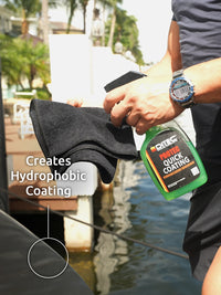 Man spraying Protec Quick Coating hydrophobic detailing spray onto a black microfiber towel
